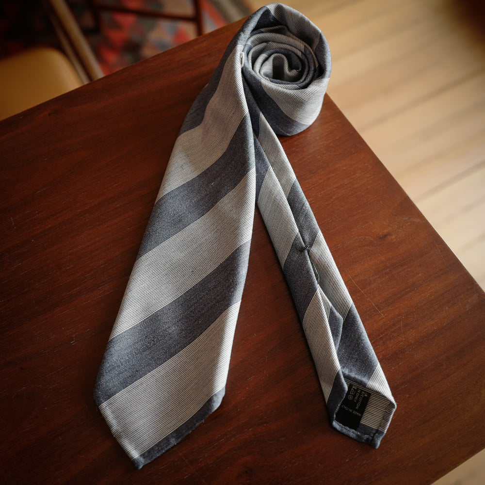 Greyish Blue Block Stripes 7-Fold Silk/Cotton Tie