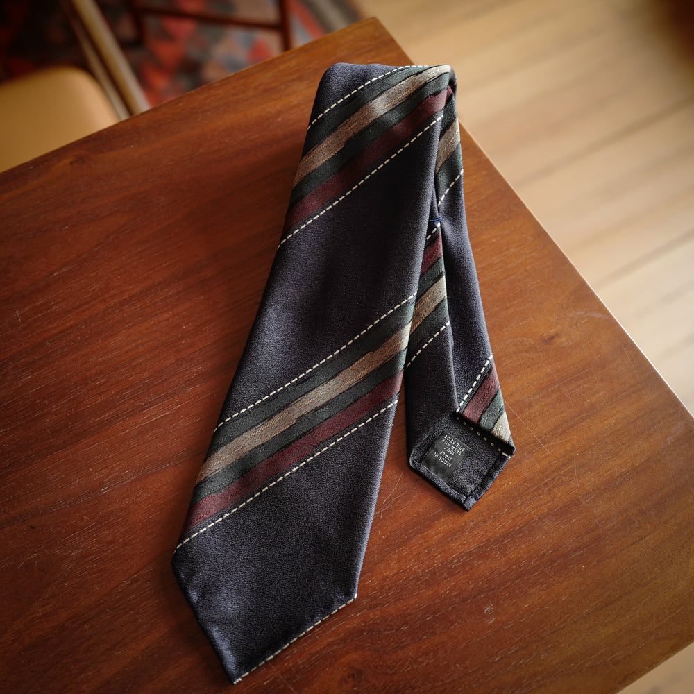 Navy 7-Fold Silk Tie with Green and Red Stripes
