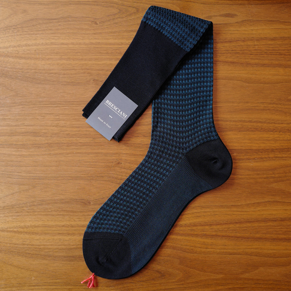 Navy Cotton over-the-calf Socks with Check Pattern