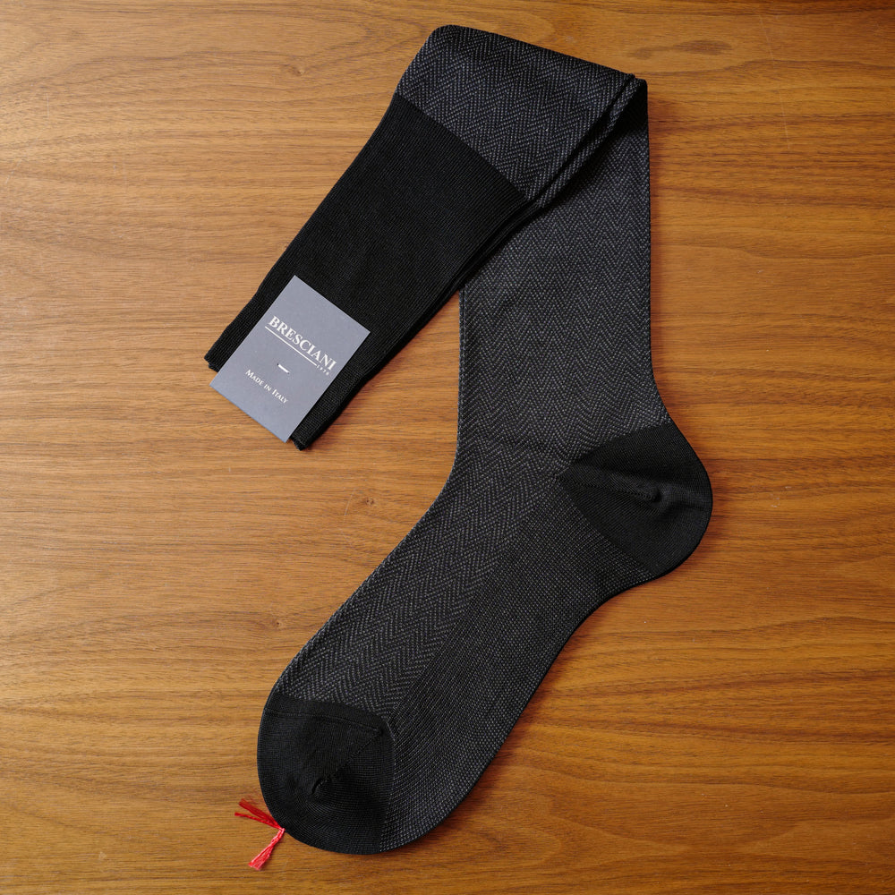 Black/Grey Cotton over-the-calf Socks with Herringbone Pattern
