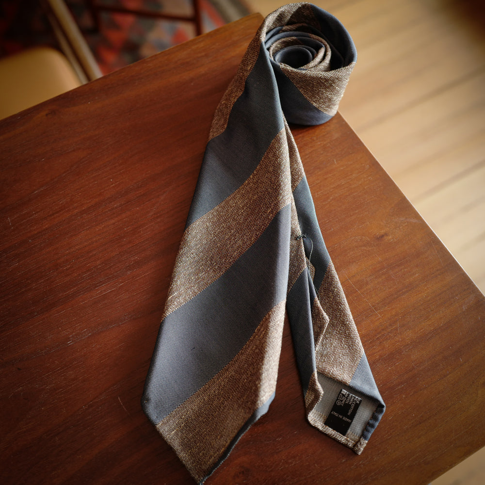 Grey/Brown Block Stripes 7-Fold Silk Tie
