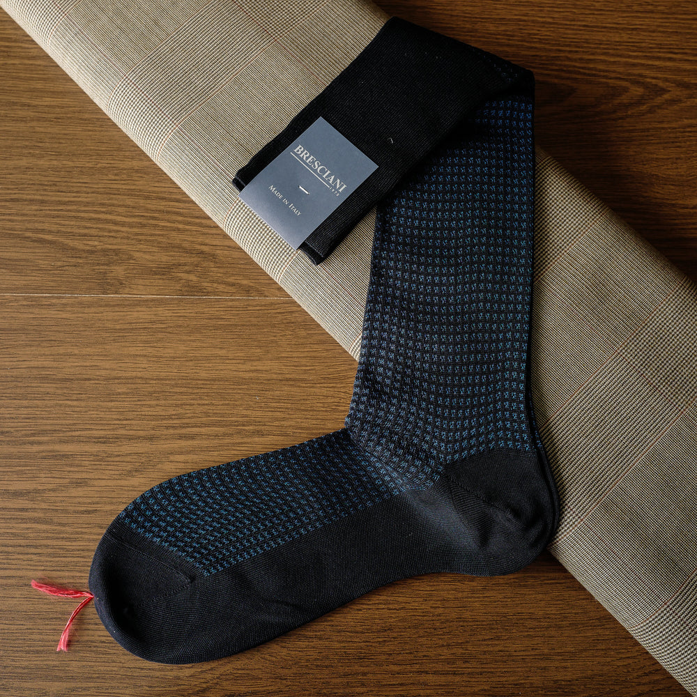 Navy Cotton/Silk over-the-calf Socks with Diamond Pattern