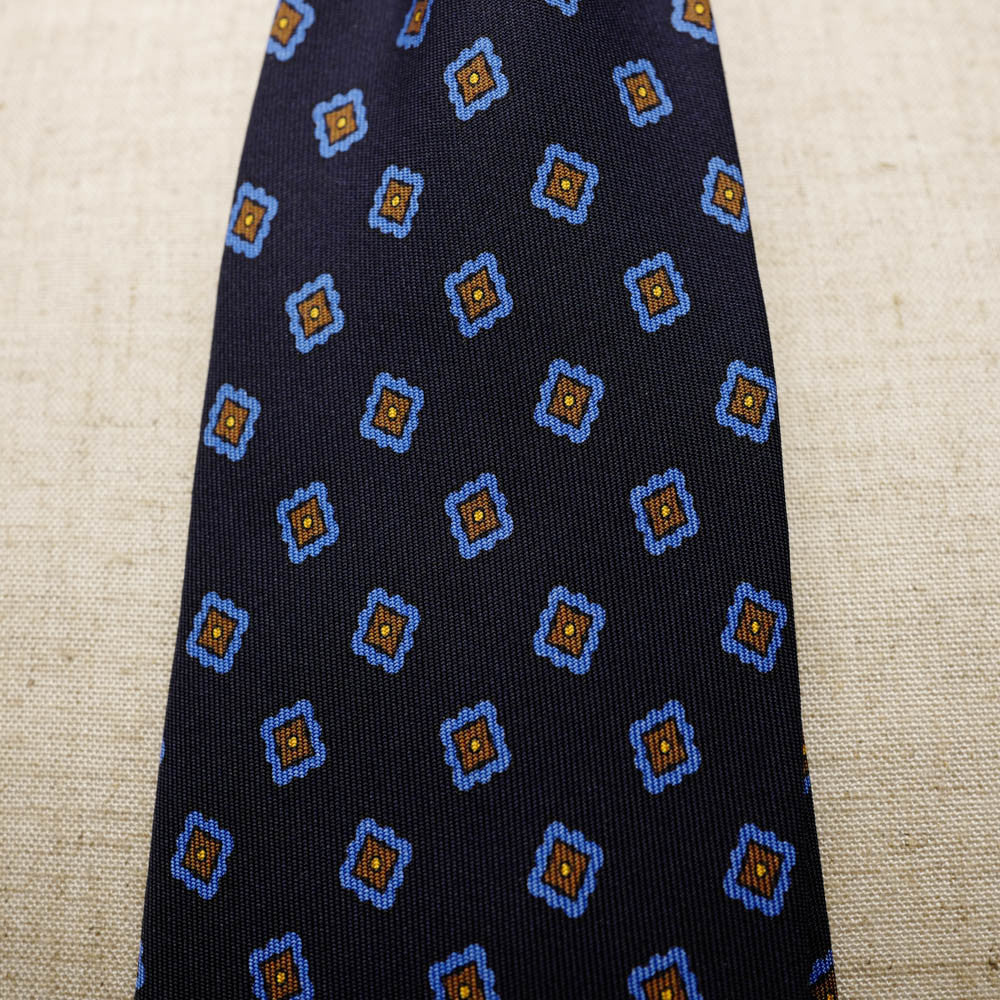 Navy Seven-Fold Printed Silk Tie with Blue Diamond Motif