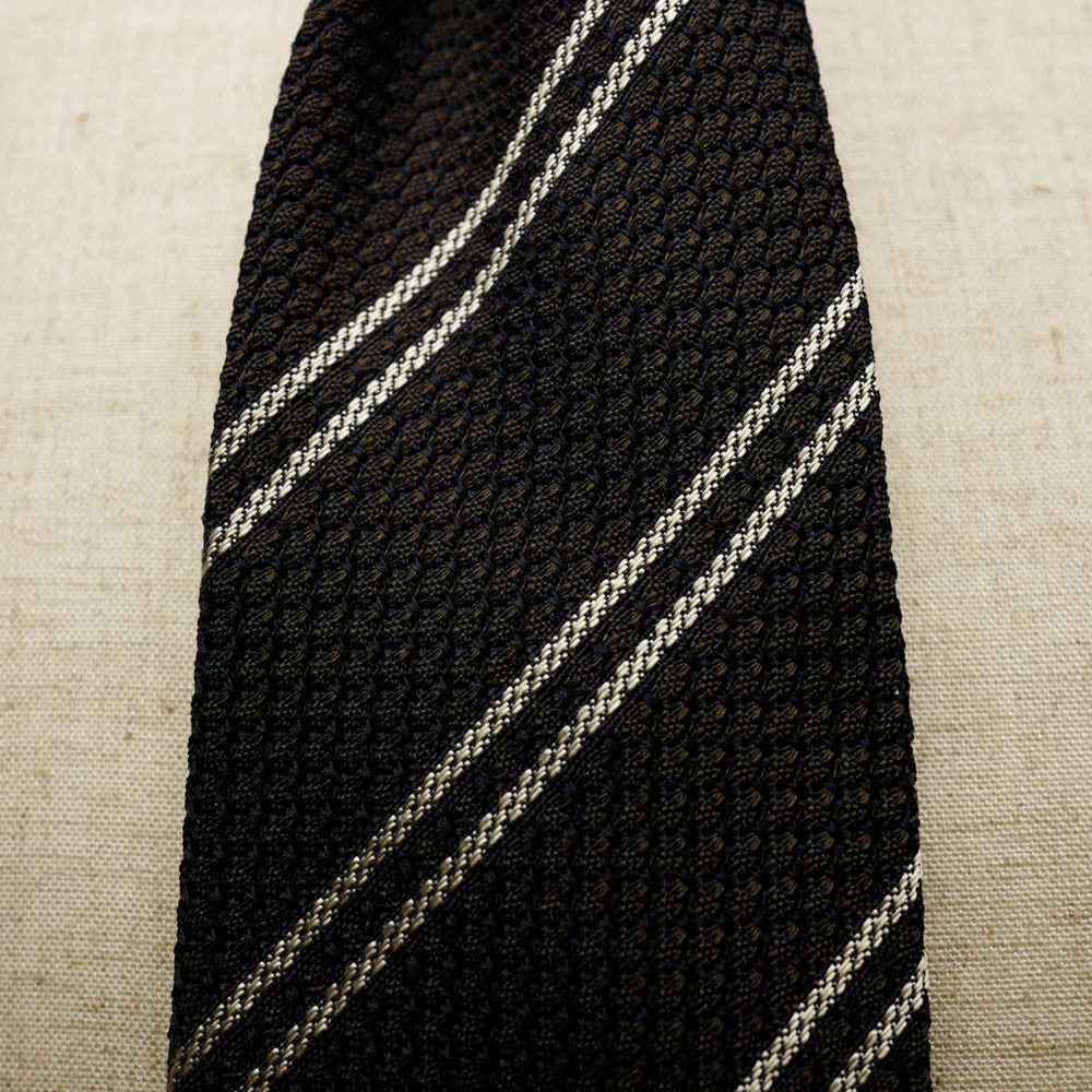 Brown Grenadine Seven-Fold Tie with Double White Stripes