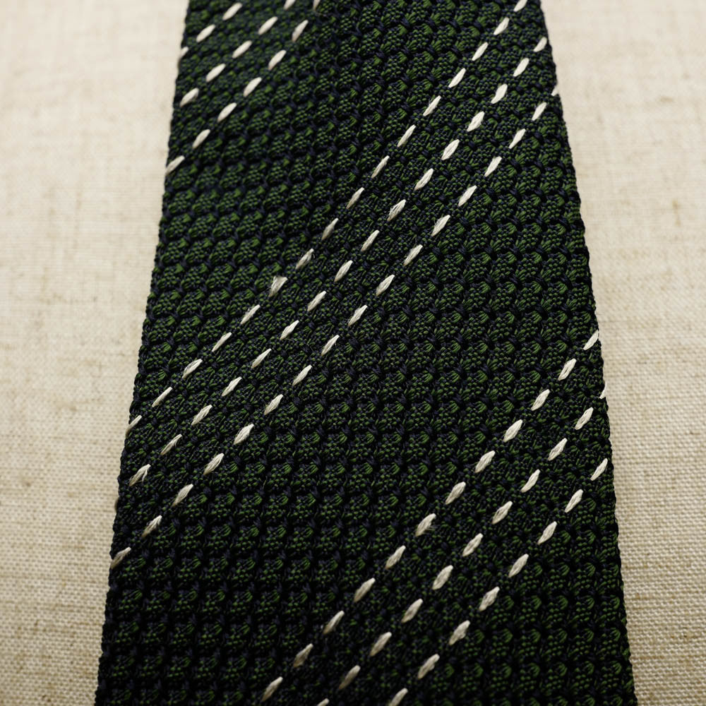 Dark Green Grenadine Seven-Fold Tie with Triple White Stripes
