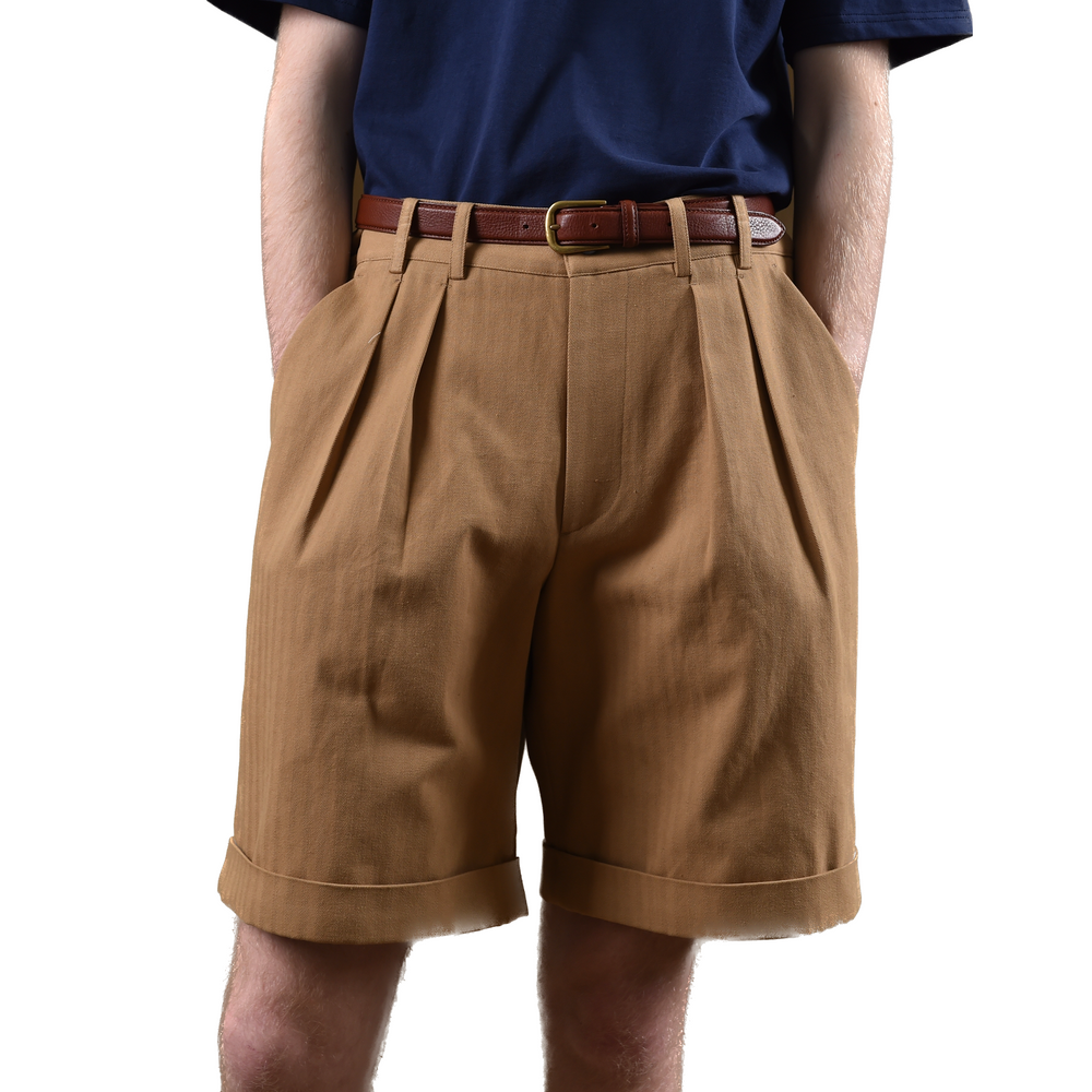 Pieghe Cotton Shorts in Beige Herringbone