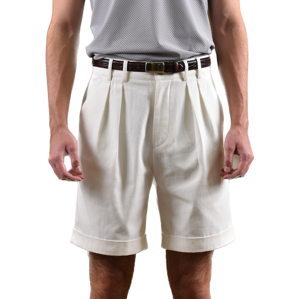 Pieghe Cotton Shorts in Ivory Herringbone