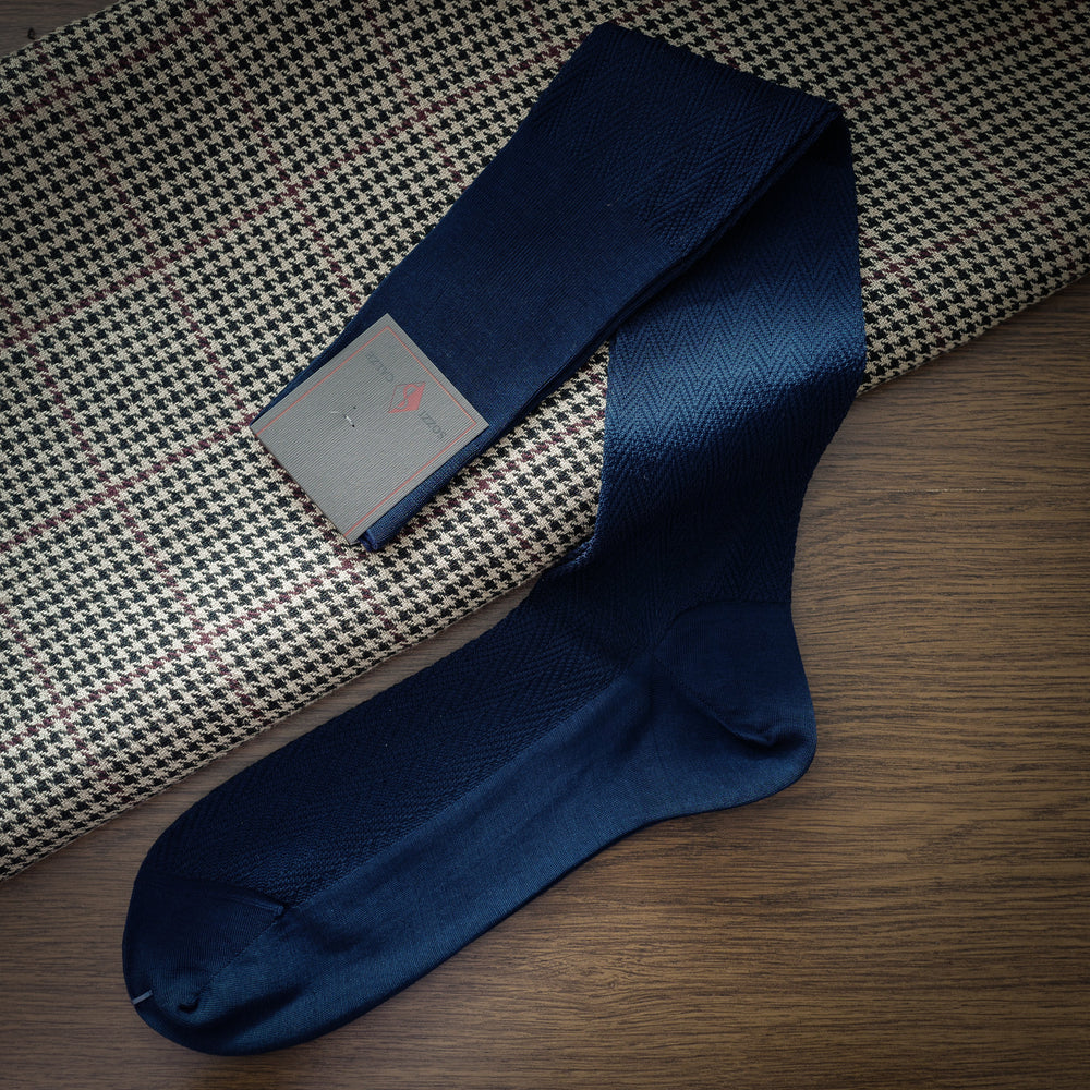Navy Cotton over-the-calf Socks with Herringbone Pattern