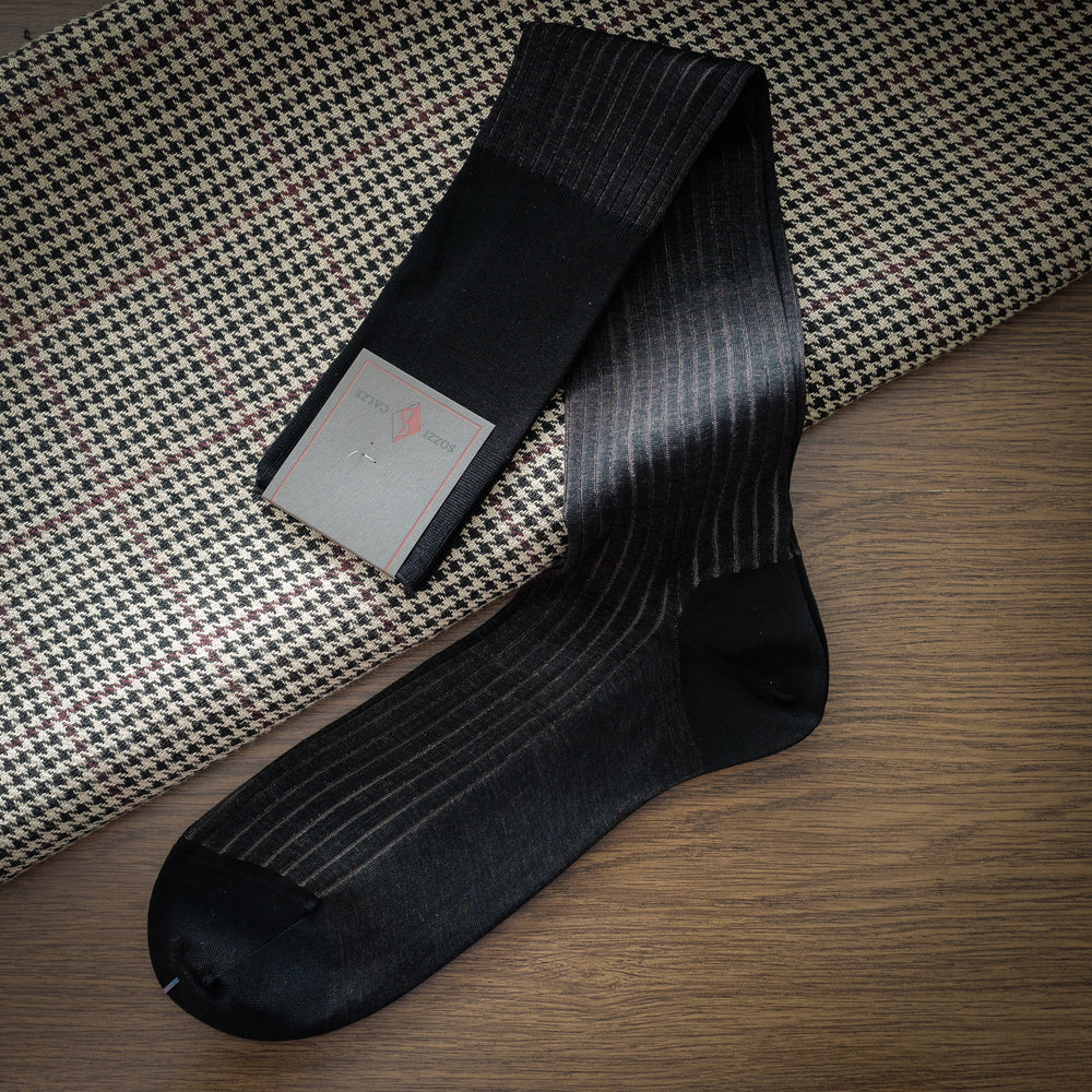 Brown Cotton over-the-calf Ribbed Socks with Beige Contrasting Stripes