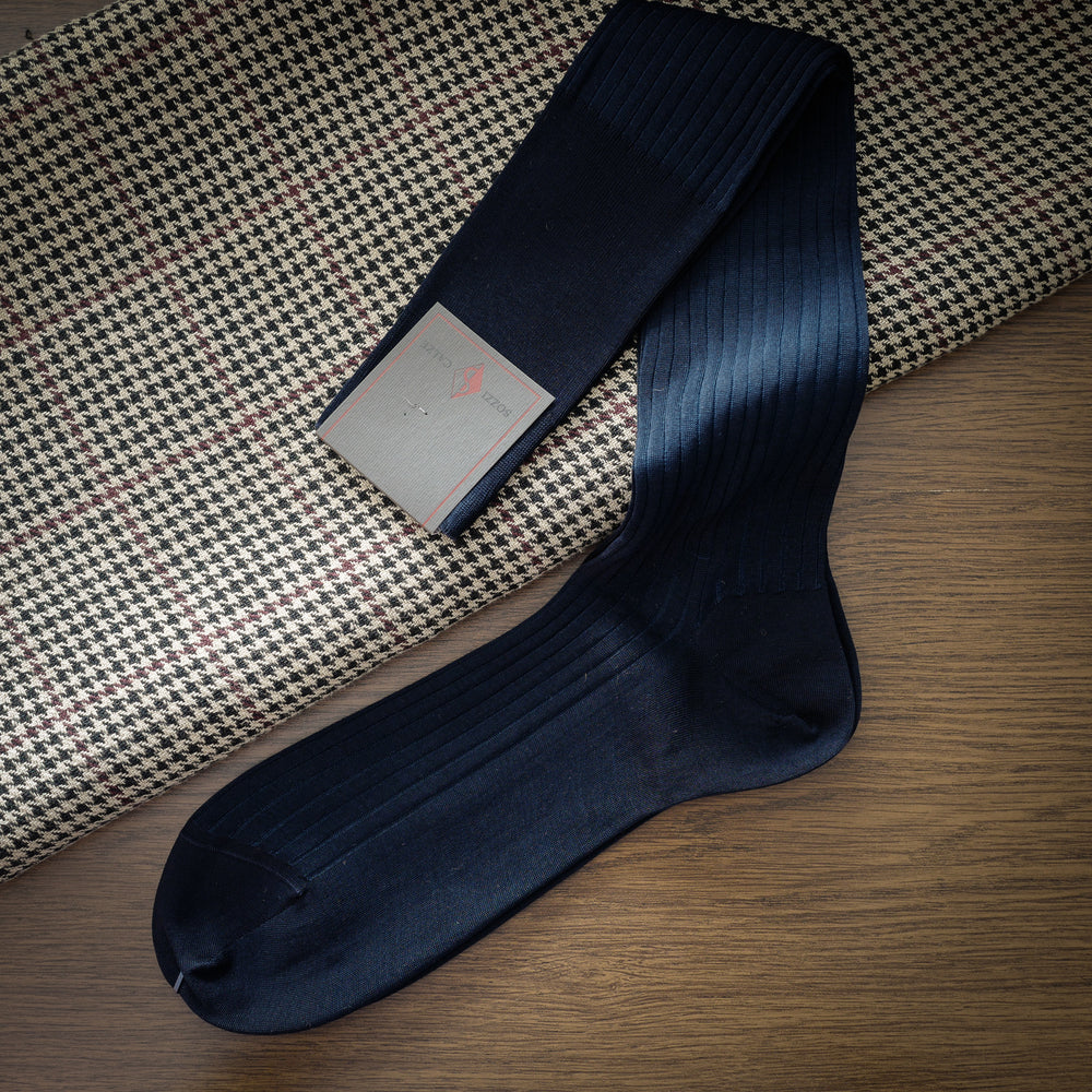 Blue Cotton over-the-calf Ribbed Socks with Contrasting Stripes