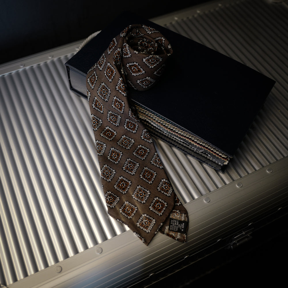 Taupe Seven-Fold Wool/Silk Tie with Medallion Print