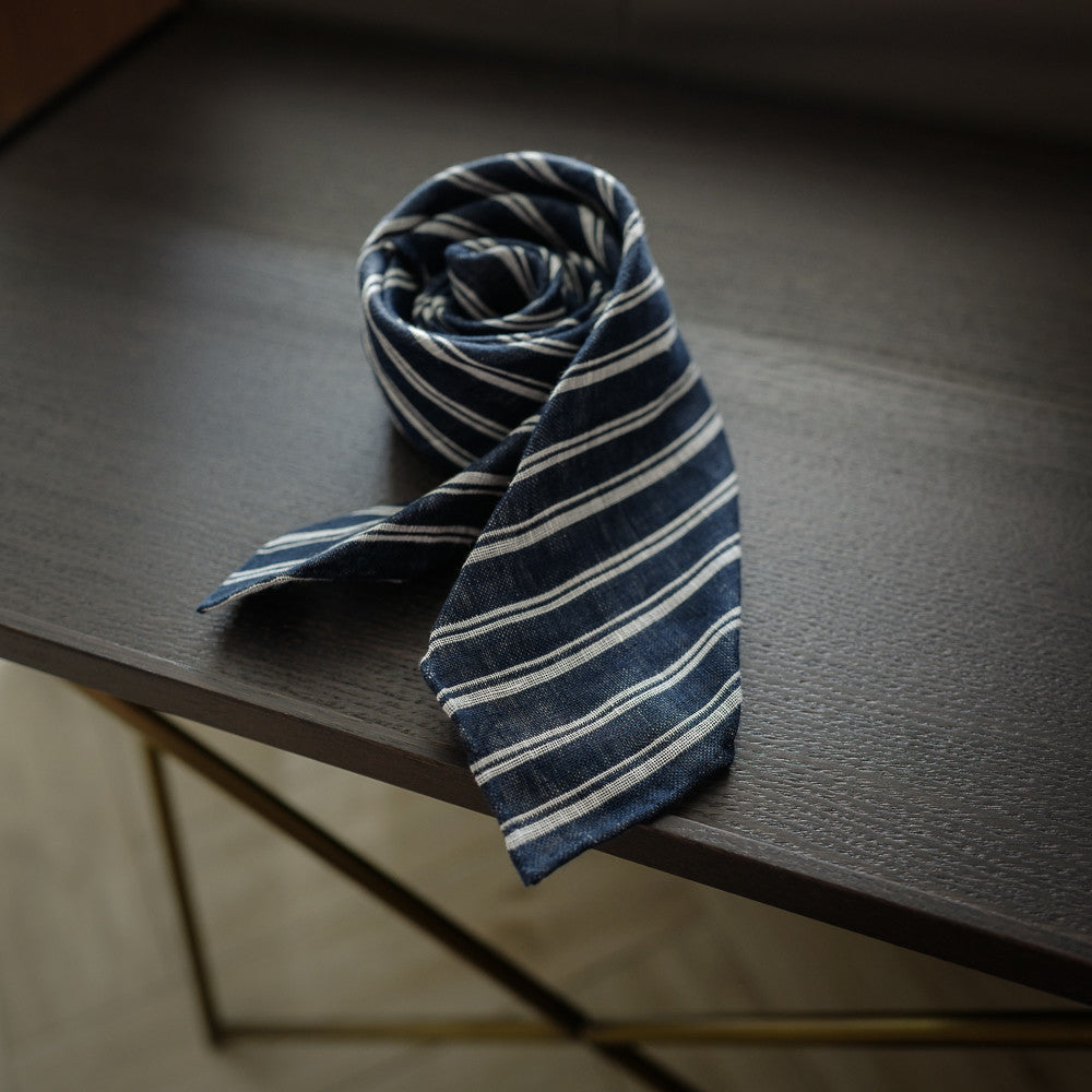 Navy Seven-Fold Linen Tie with Multi Stripes