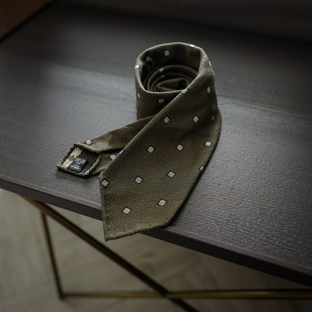 Olive Green Seven-Fold Woven Silk Tie with Diamond Motif