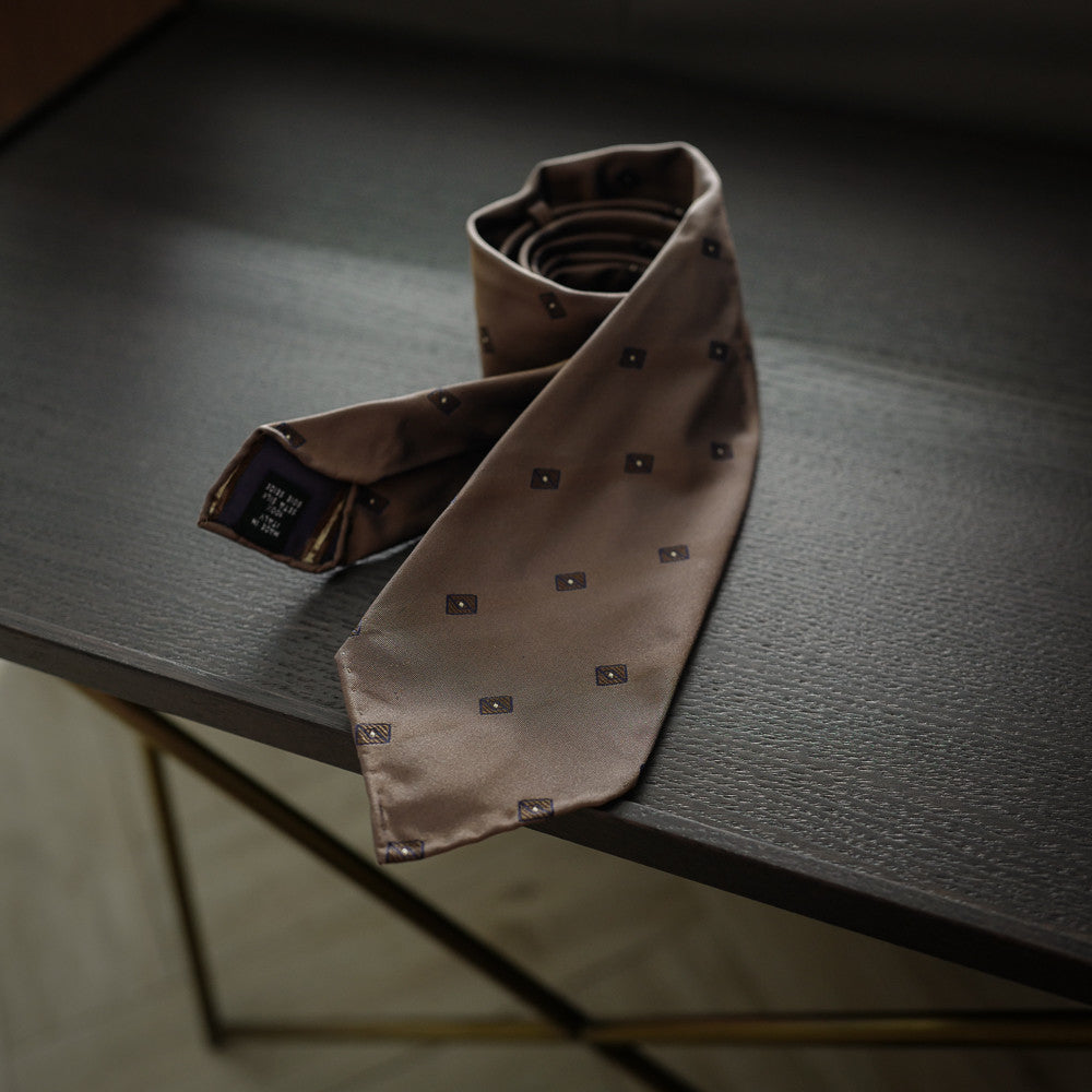 Brown Seven-Fold Silk Tie with Woven Diamond Motif