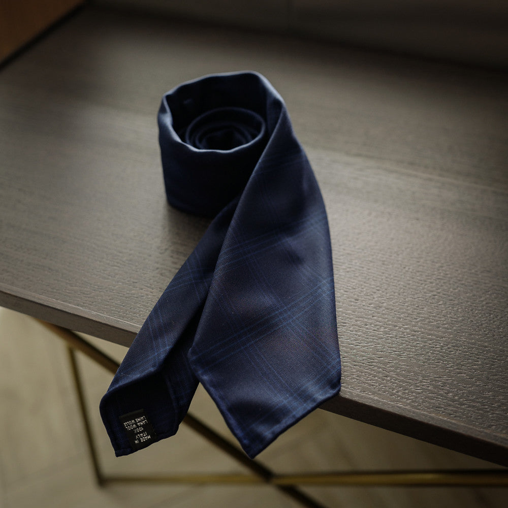 Navy Seven-Fold Wool Tie with Check Design