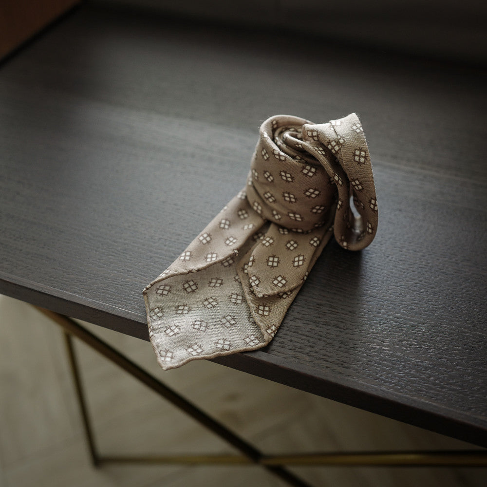 Beige Seven-Fold Wool/Silk Tie with Diamond Print