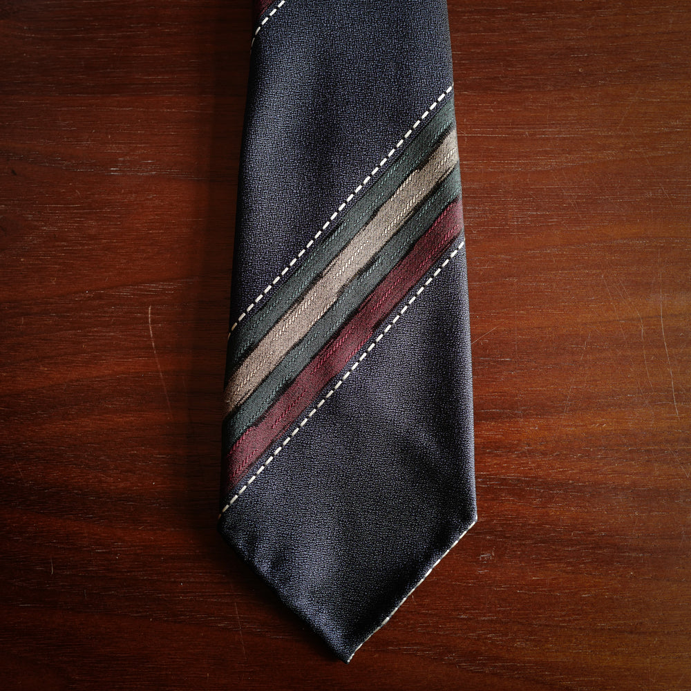 Navy 7-Fold Silk Tie with Green and Red Stripes