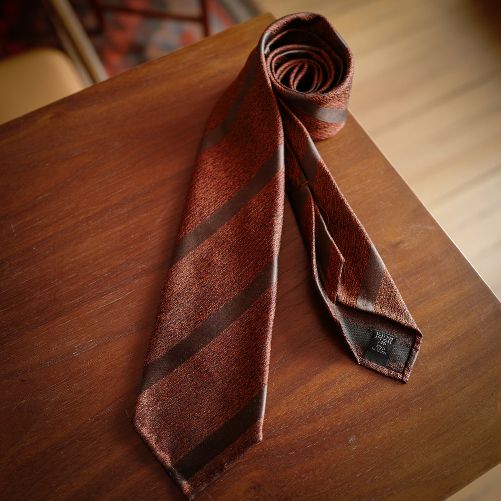 Burnt Orange 7-Fold Textured Silk Tie with Stripes