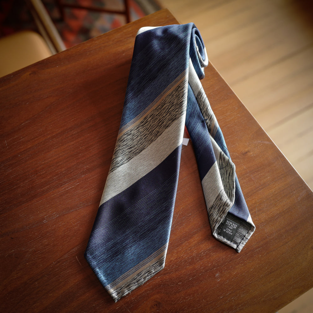 Blue 7-Fold Silk Tie with Bayadere Stripes