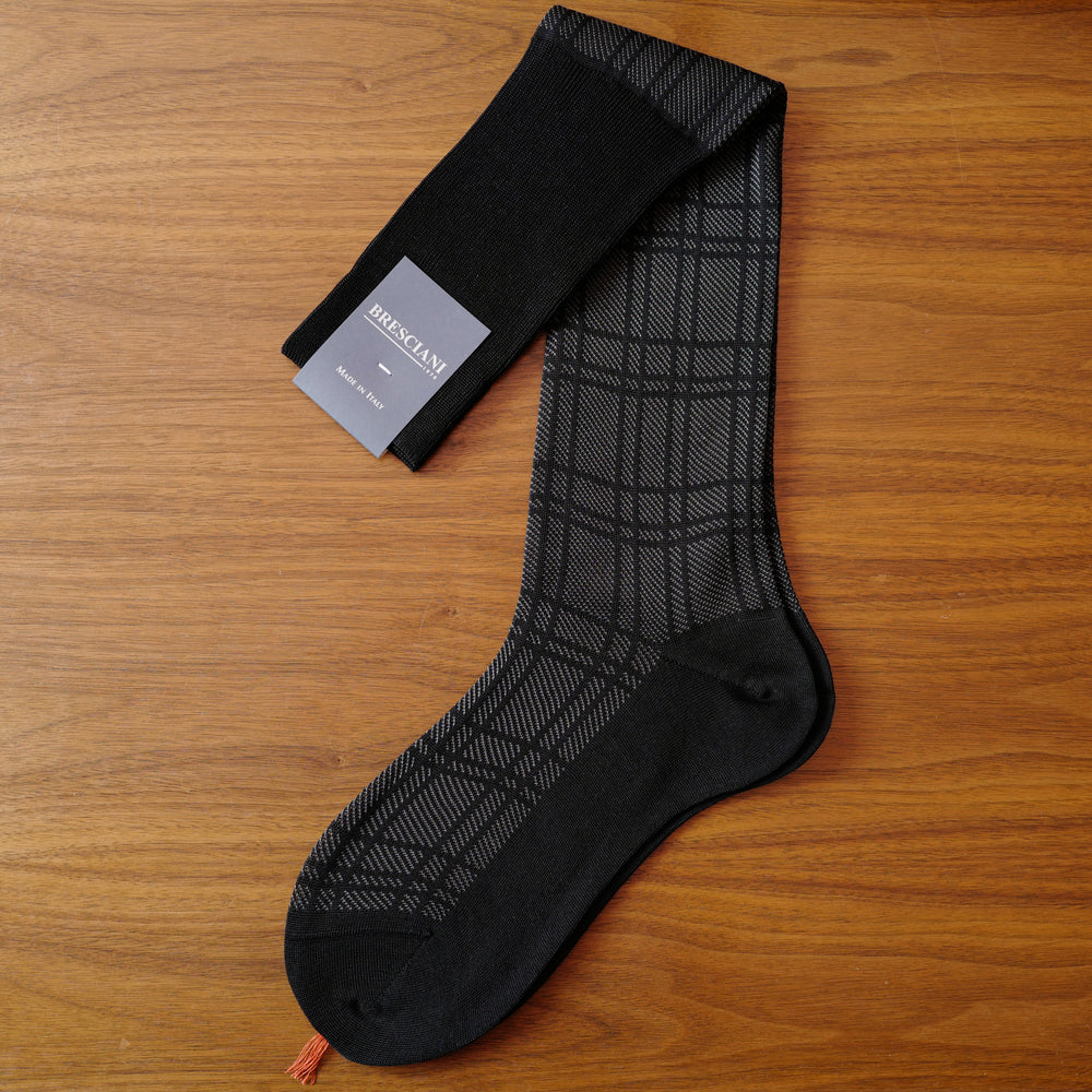 Black/Grey Cotton over-the-calf Socks with Geometric Pattern