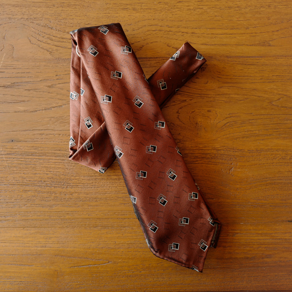 Burnt Orange 7-Fold Silk Tie with woven Cubes