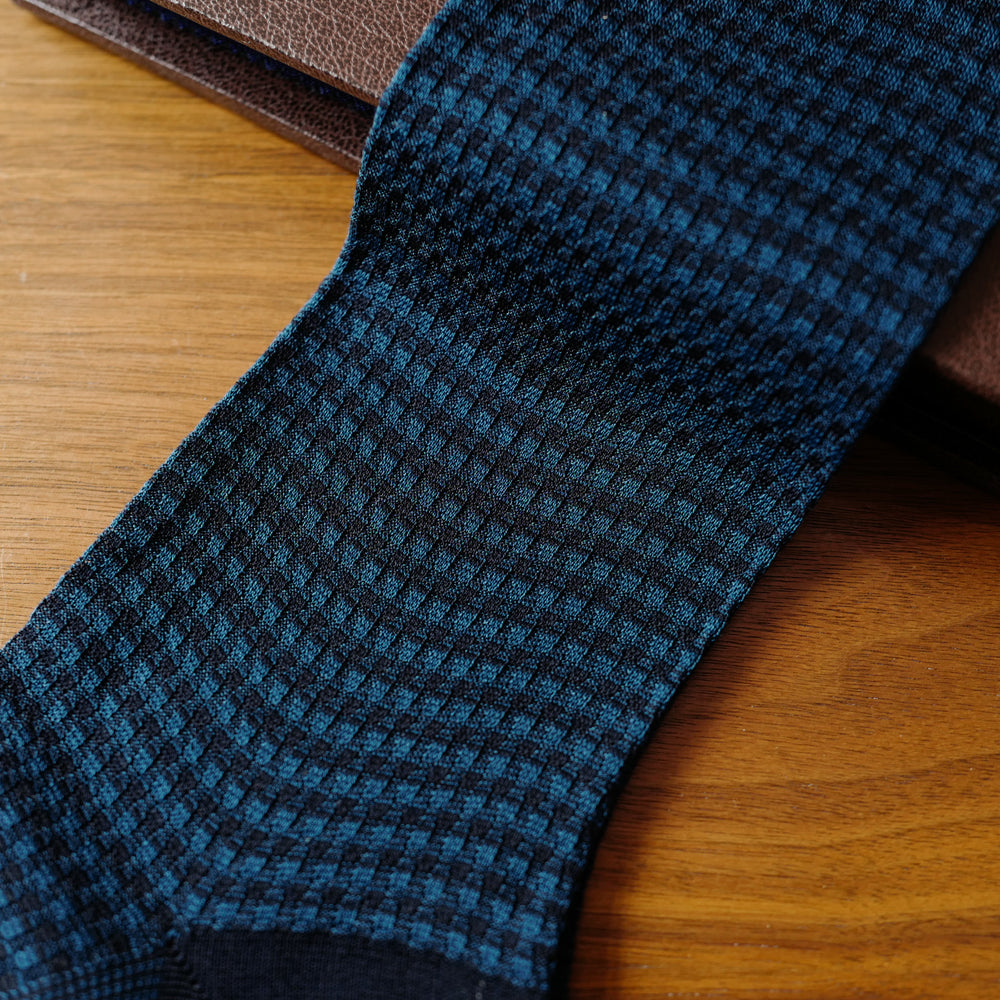 Navy Cotton over-the-calf Socks with Check Pattern