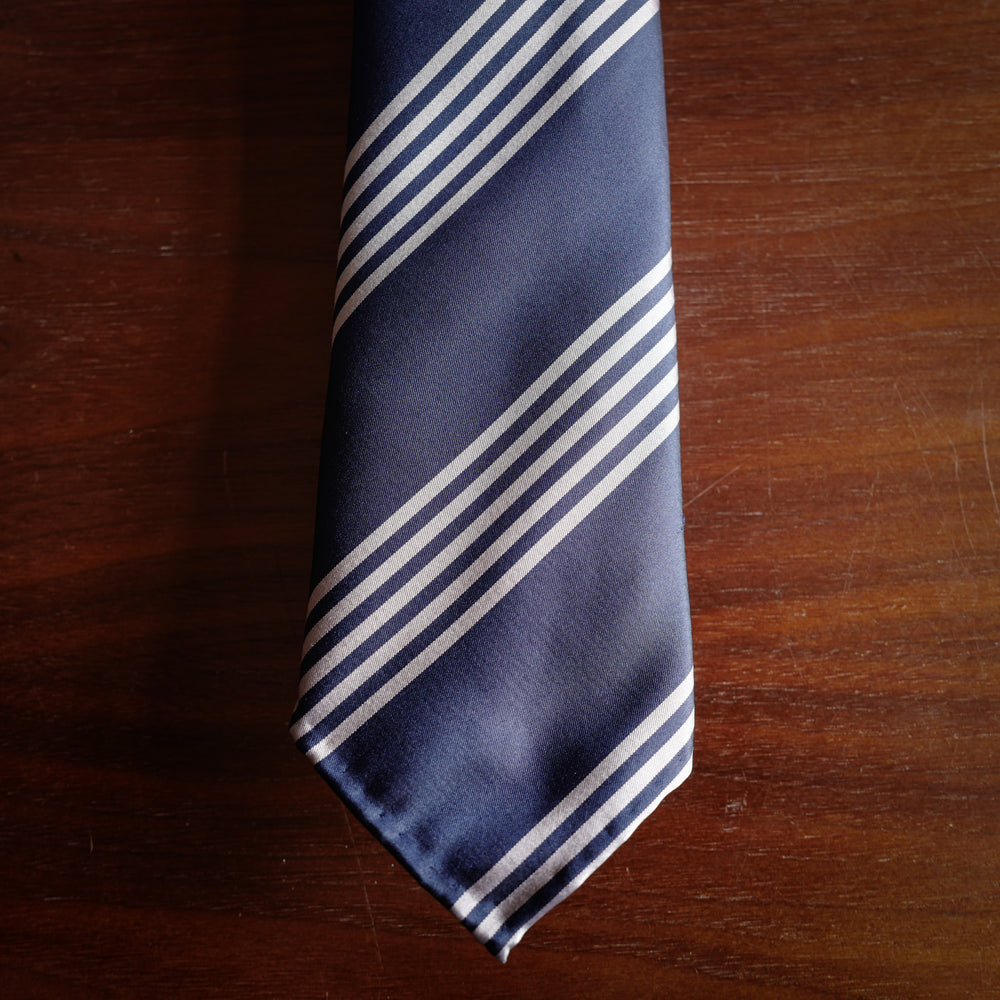 Navy 7-Fold Silk Tie with Quintuple Stripes