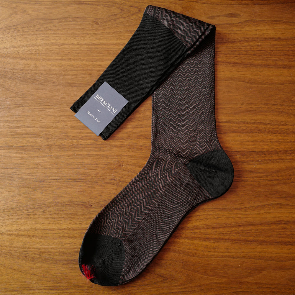 Brown Cotton over-the-calf Socks with Herringbone Pattern