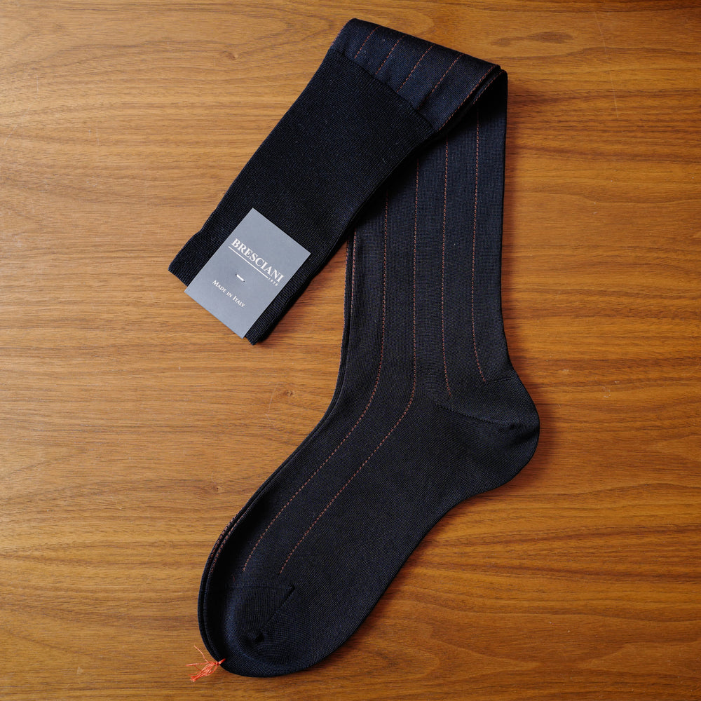 Navy Cotton over-the-calf Socks with Orange Pin Stripes