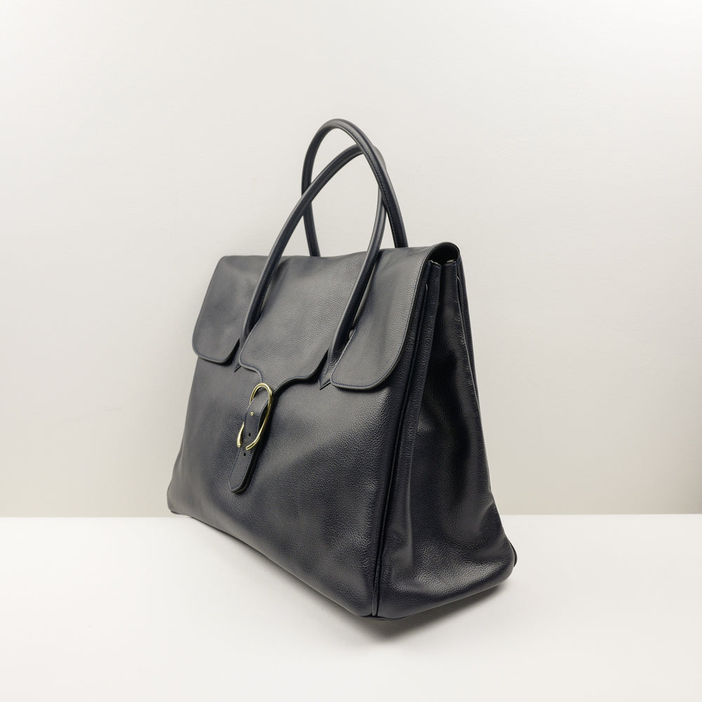 981 Tote Bag with Flap in Navy Calf