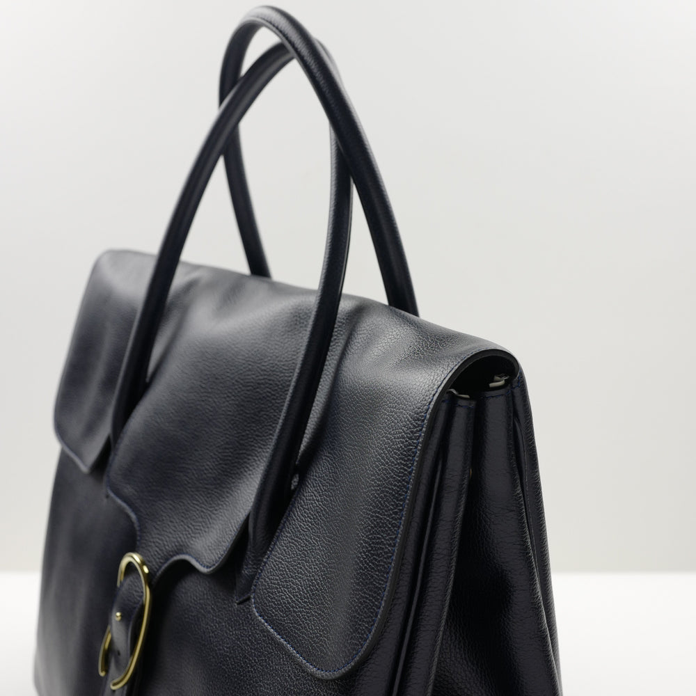 981 Tote Bag with Flap in Navy Calf