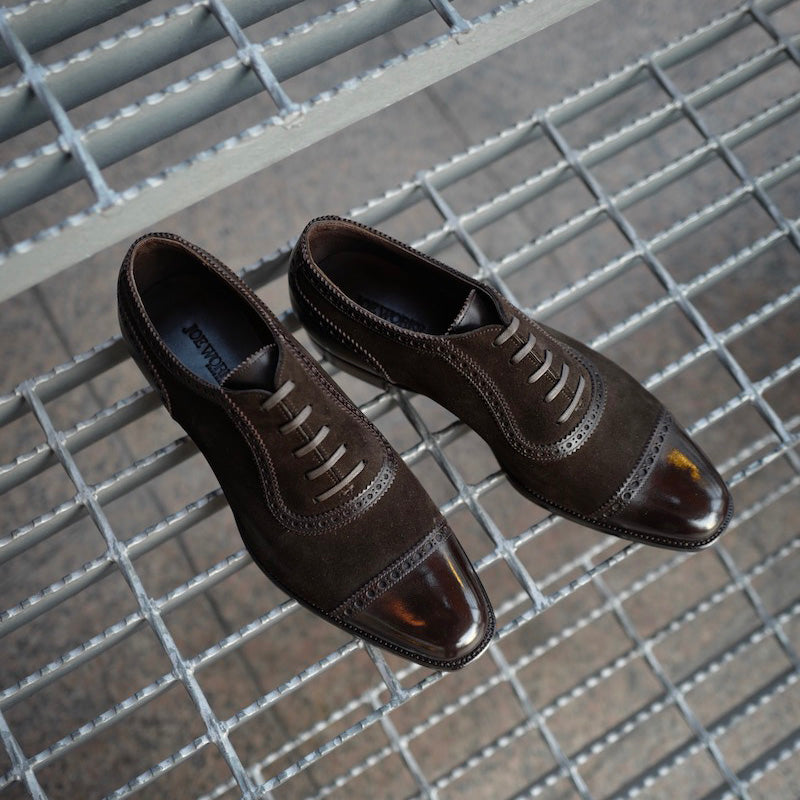 Adelaide Oxford in Suede and Dark Brown French Calf