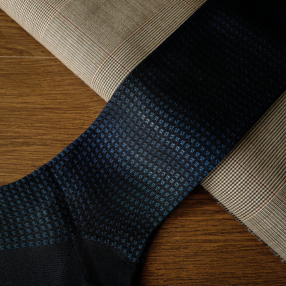 Navy Cotton/Silk over-the-calf Socks with Diamond Pattern