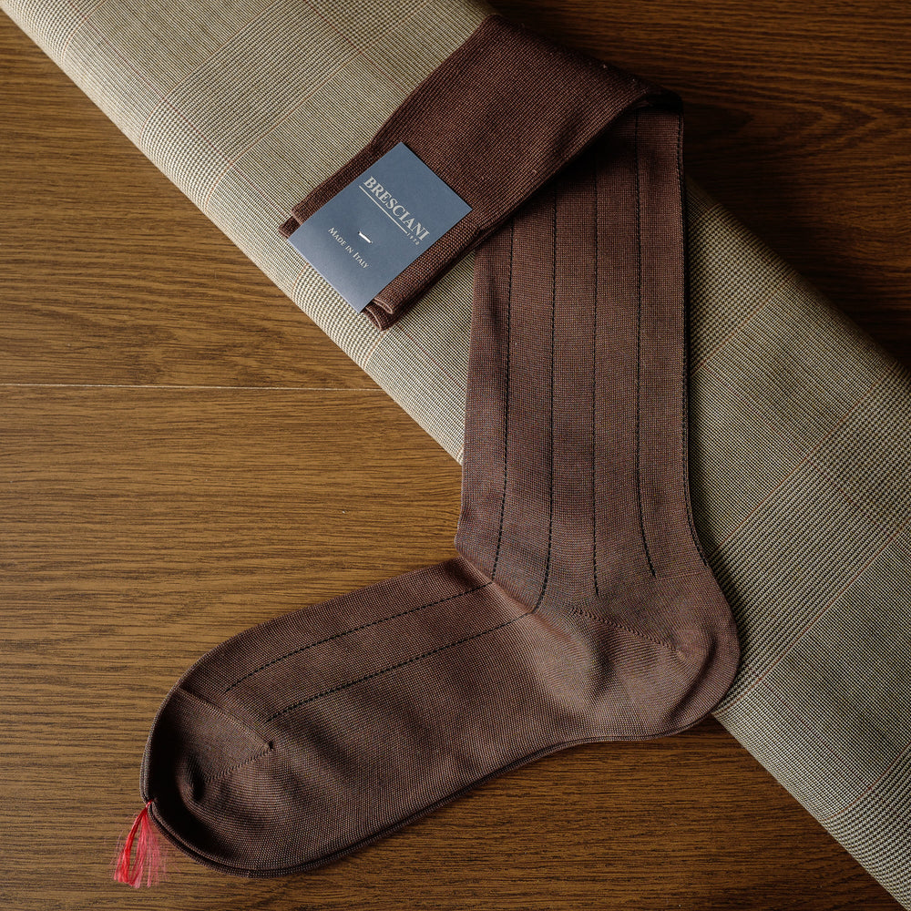 Brown Cotton over-the-calf Socks with Pin Stripes