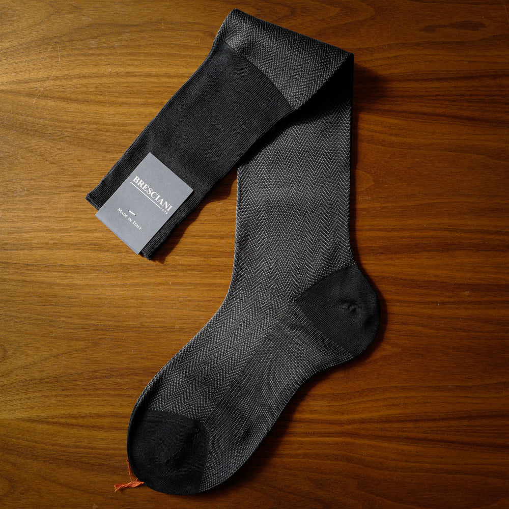 Dark Grey Cotton over-the-calf Socks with Herringbone Pattern