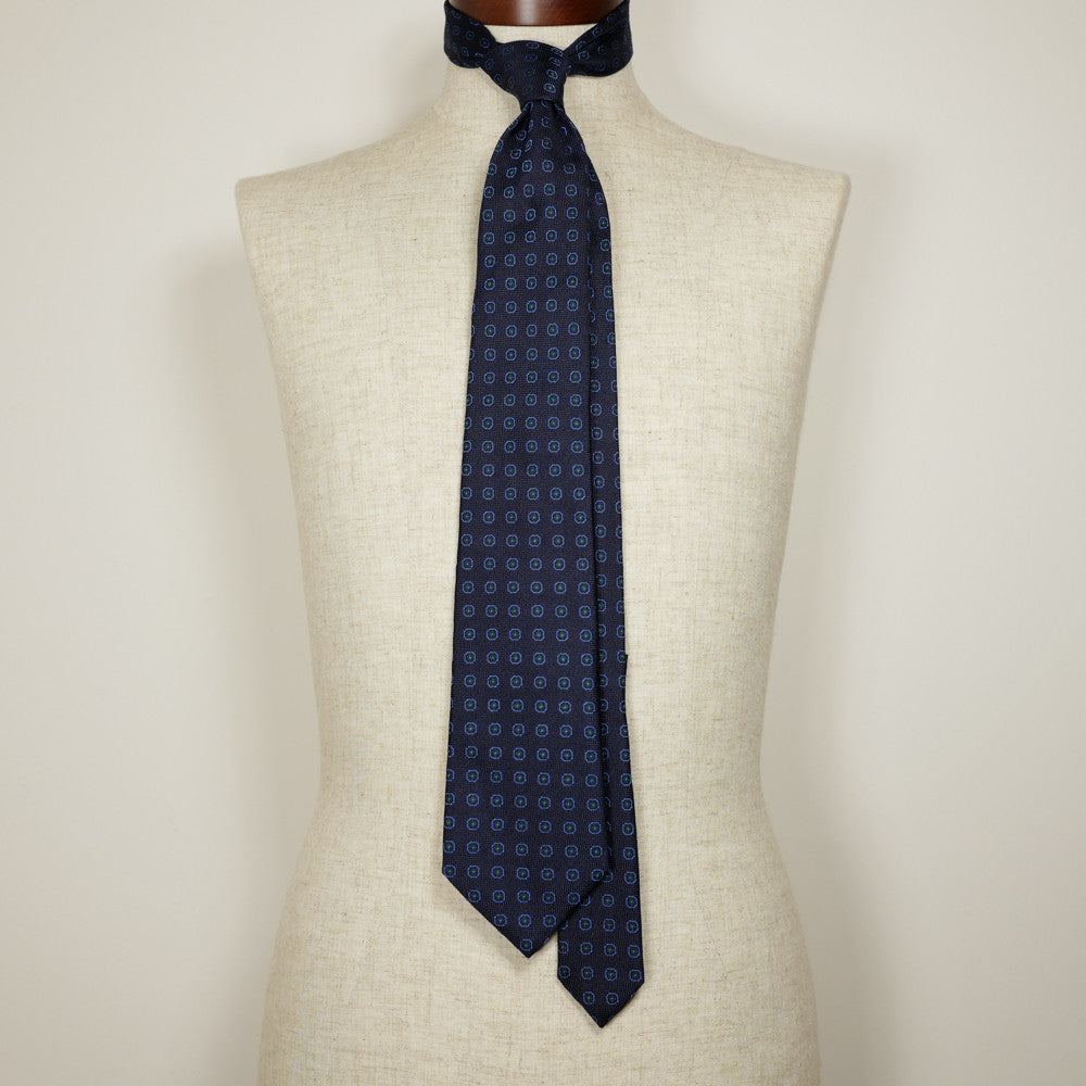 Navy Jacquard Six-Fold Tie with Woven Medallion