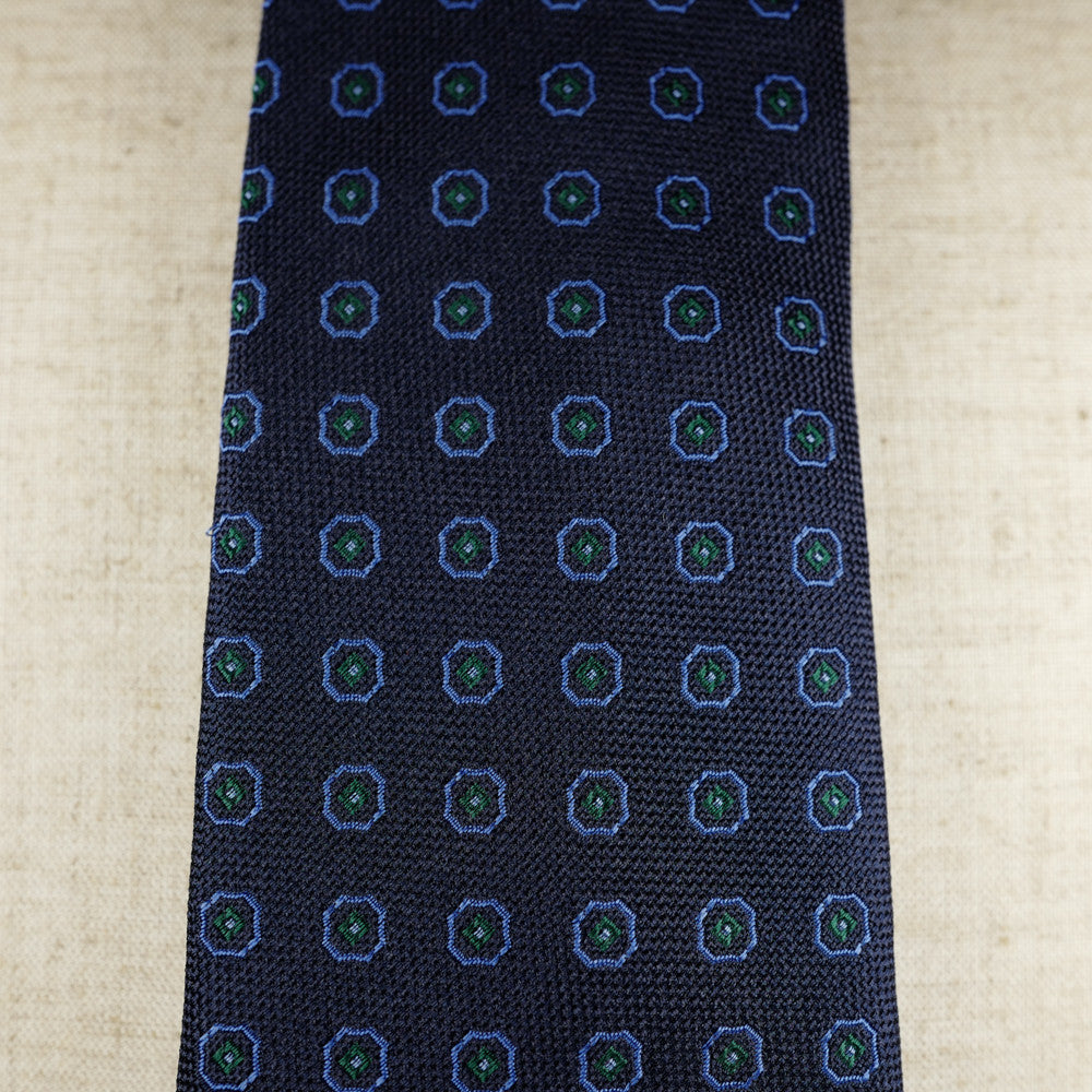 Navy Jacquard Six-Fold Tie with Woven Medallion