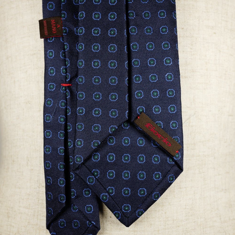 Navy Jacquard Six-Fold Tie with Woven Medallion