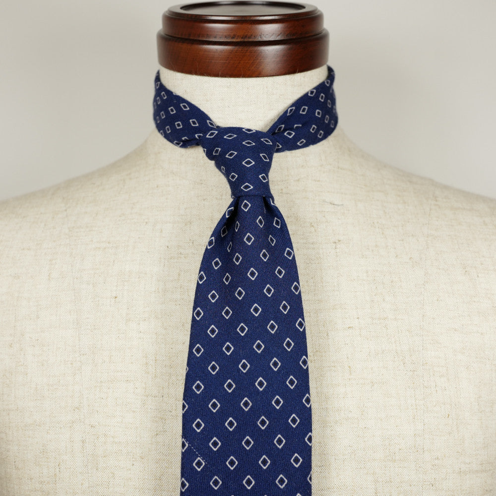Navy Wool Six-Fold Tie with Diamond Print