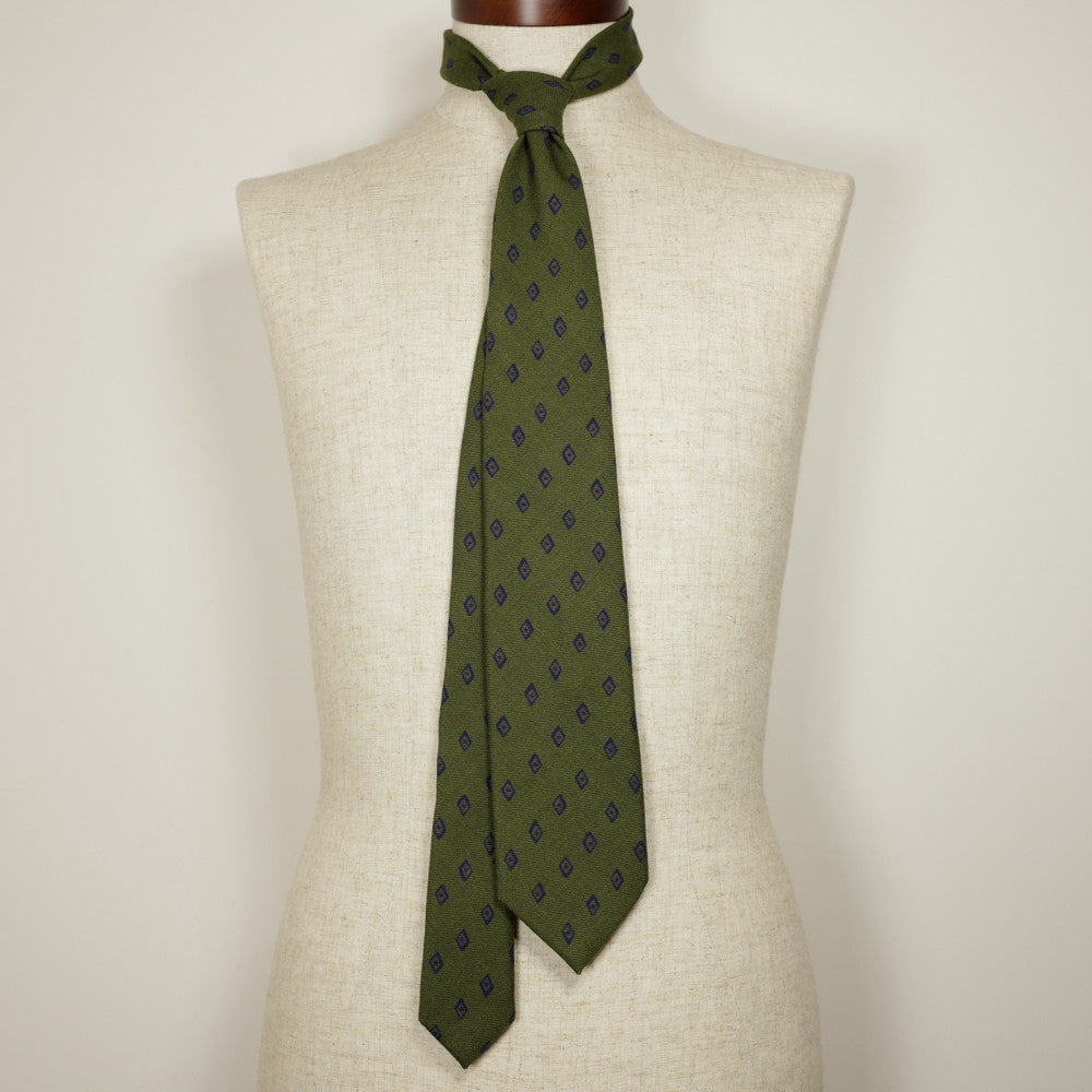 Olive Wool Six-Fold Tie with Diamond Print