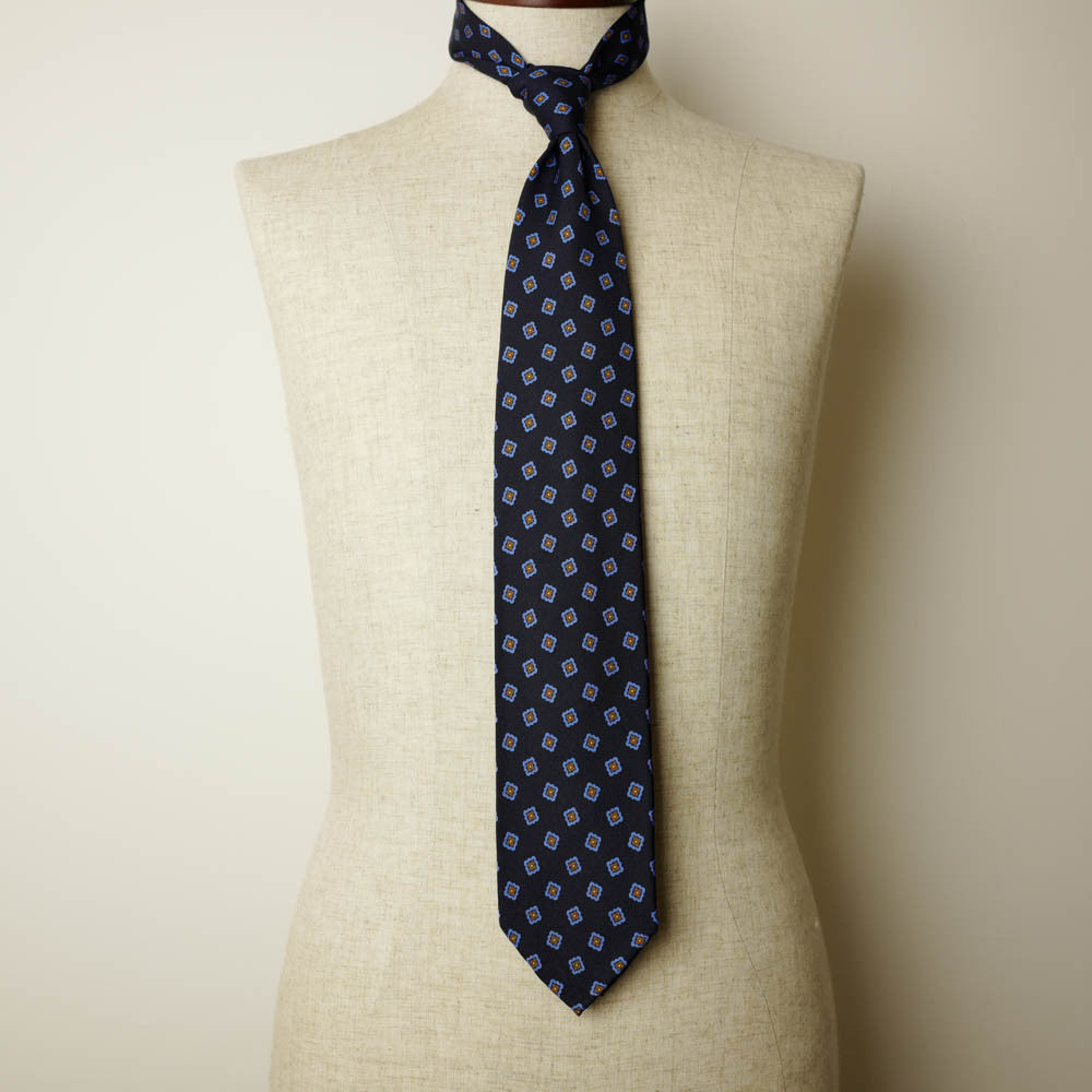 Navy Seven-Fold Printed Silk Tie with Blue Diamond Motif