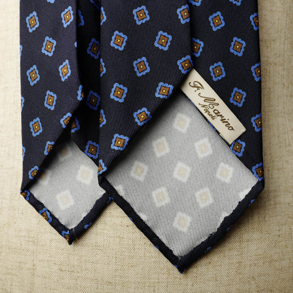 Navy Seven-Fold Printed Silk Tie with Blue Diamond Motif