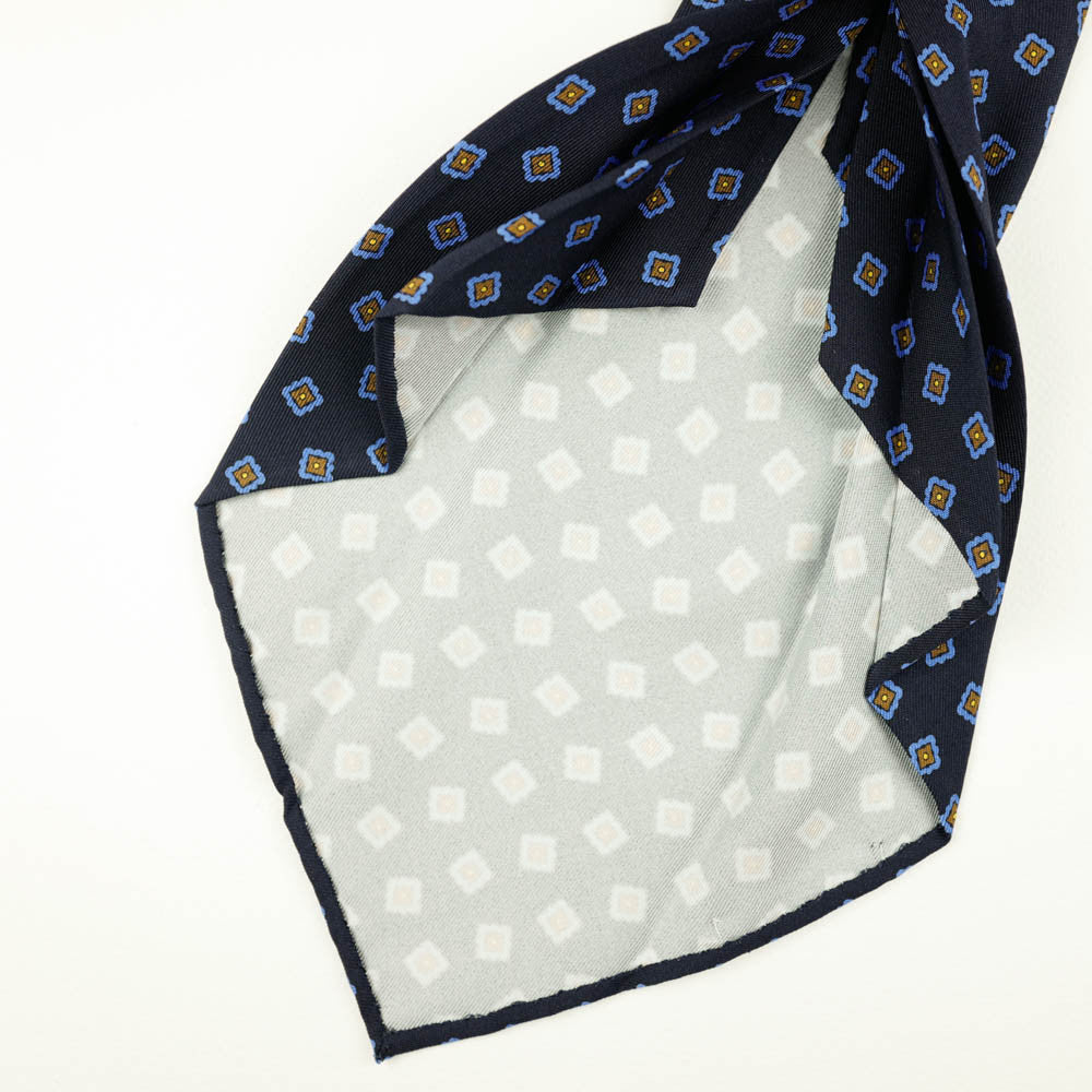 Navy Seven-Fold Printed Silk Tie with Blue Diamond Motif