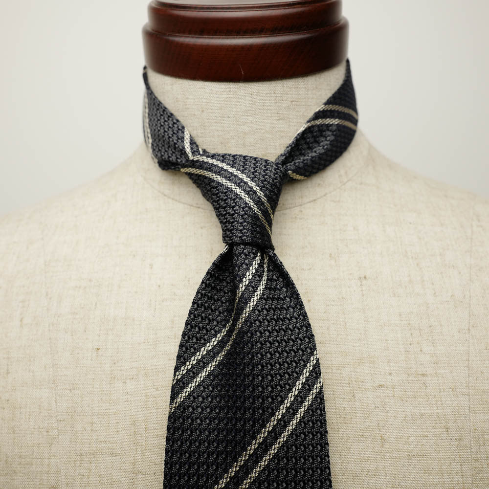 Grey Grenadine Seven-Fold Tie with Double White Stripes