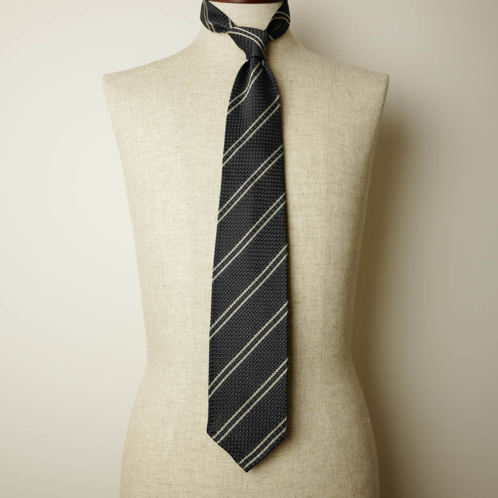 Grey Grenadine Seven-Fold Tie with Double White Stripes