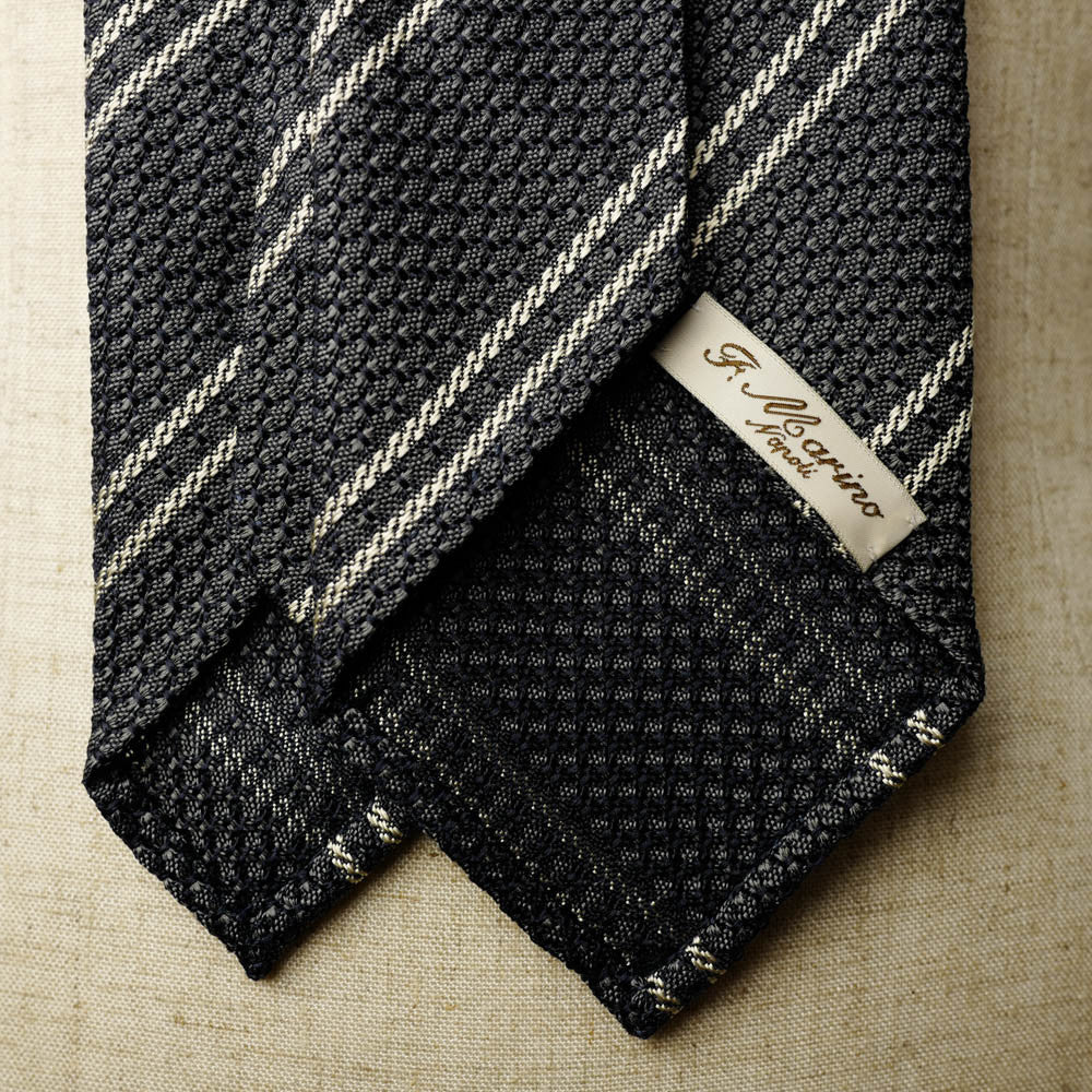 Grey Grenadine Seven-Fold Tie with Double White Stripes