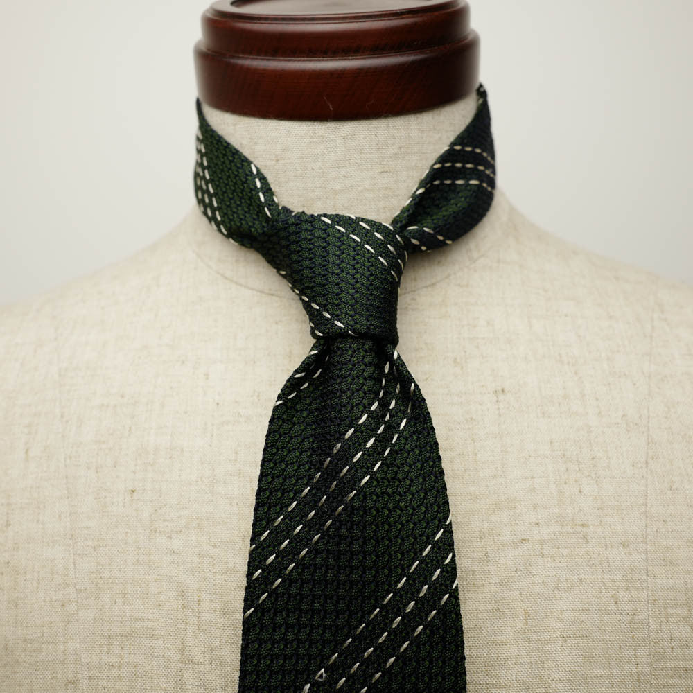 Dark Green Grenadine Seven-Fold Tie with Triple White Stripes