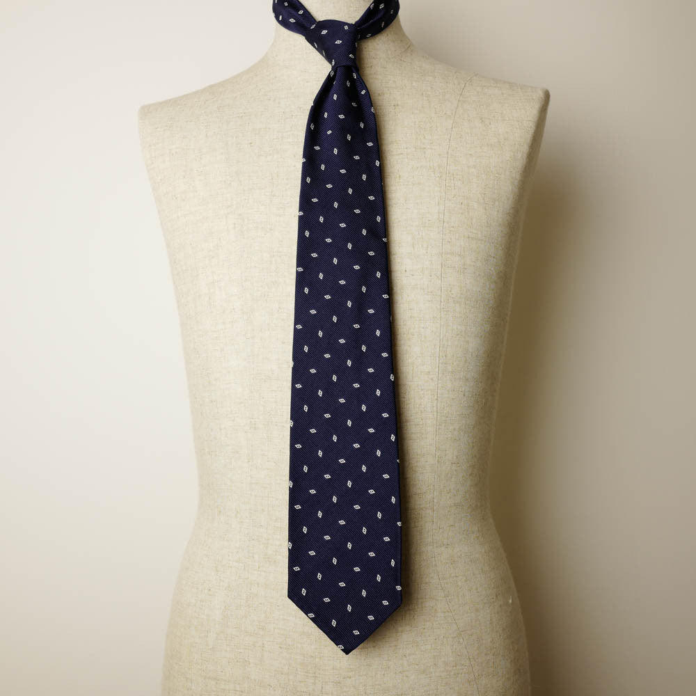 Navy Seven-Fold Repp Silk Tie with White Diamond Motif