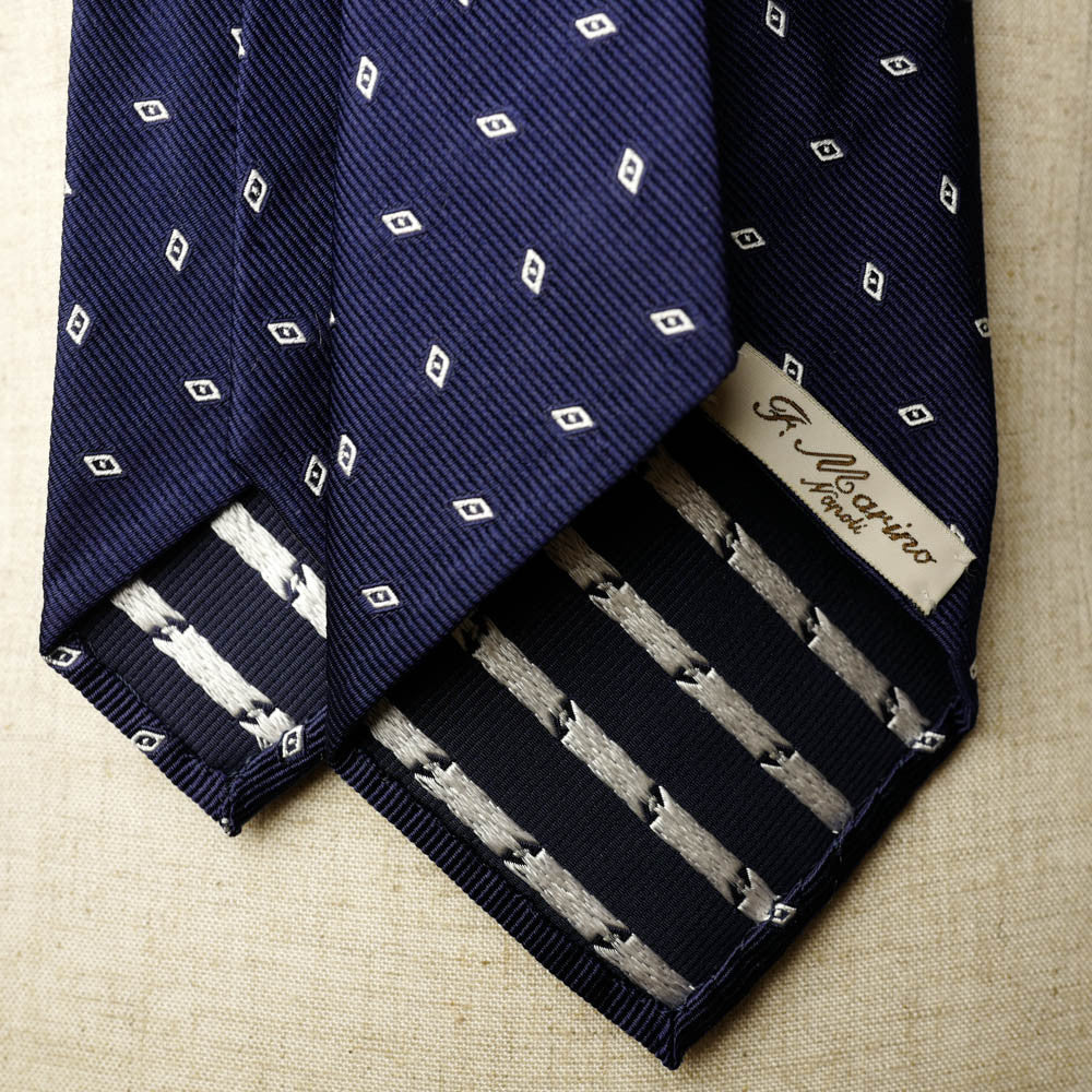 Navy Seven-Fold Repp Silk Tie with White Diamond Motif