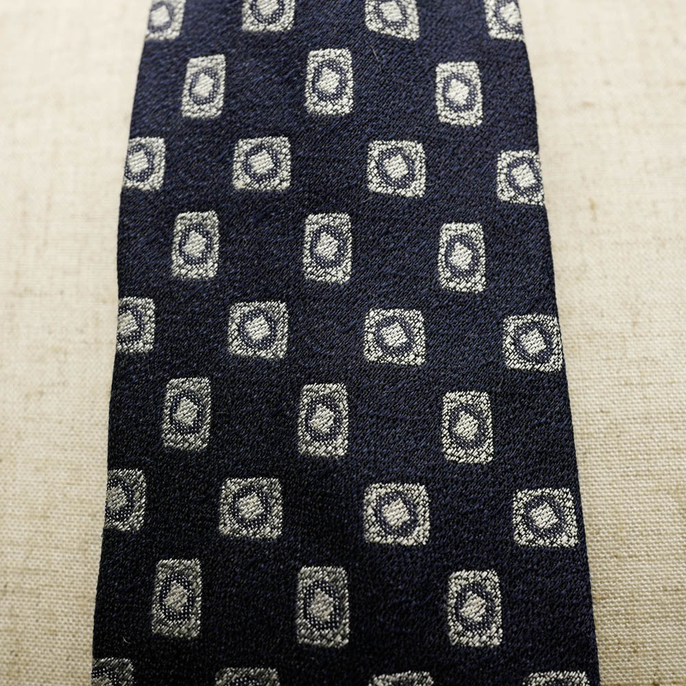 Navy Seven-Fold Woven Linen/Silk Tie with Diamond Motif